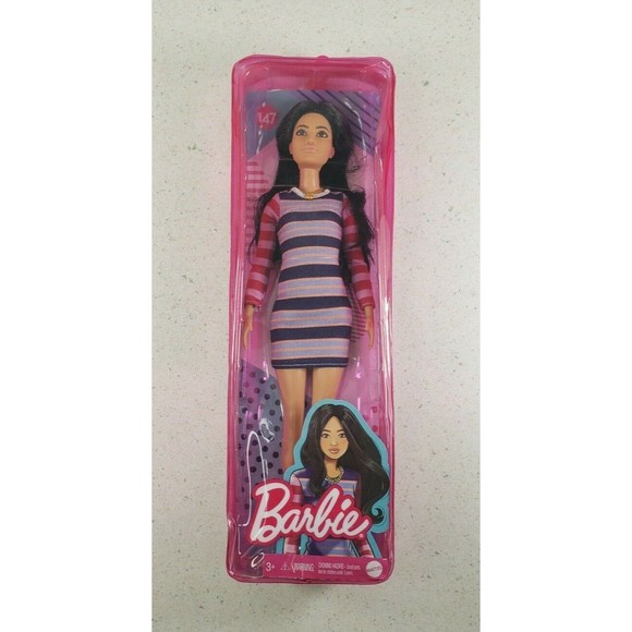Barbie Fashionistas Doll #147 Long Brunette Hair Wearing Striped Dress New - Picture 1 of 11